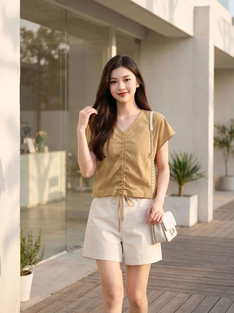  Áo kiểu thô gió cổ V rút dây 