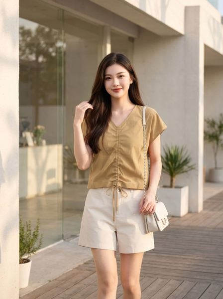  Áo kiểu thô gió cổ V rút dây 