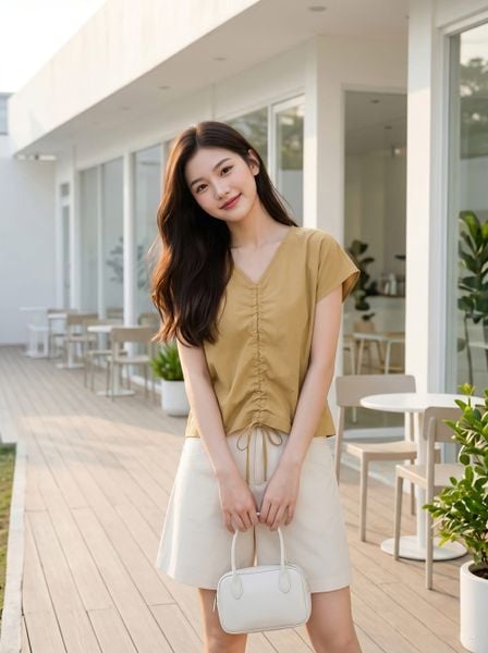  Áo kiểu thô gió cổ V rút dây 