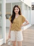  Áo kiểu thô gió cổ V rút dây 