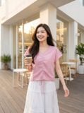  Áo kiểu thô gió cổ V rút dây 