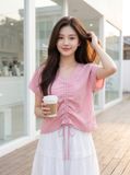  Áo kiểu thô gió cổ V rút dây 