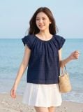  Áo kiểu thô thêu cổ tròn tay bèo 2 tầng 