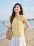  Áo kiểu thô thêu cổ tròn tay bèo 2 tầng 