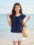  Áo kiểu thô thêu cổ tròn tay bèo 2 tầng 