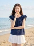  Áo kiểu thô thêu cổ tròn tay bèo 2 tầng 