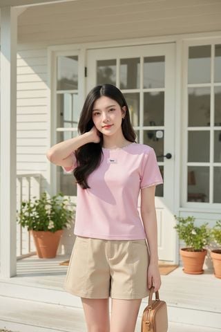 Áo Cotton Croptop nữ phối ren cổ tròn dáng ôm