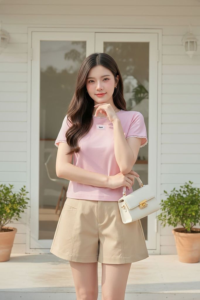  Áo Cotton Croptop nữ phối ren cổ tròn dáng ôm 