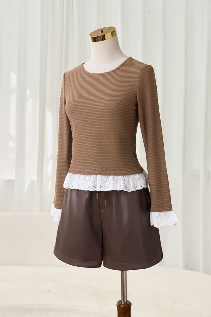  Áo kiểu nữ len xốp dáng ôm dài tay phối ren gấu 