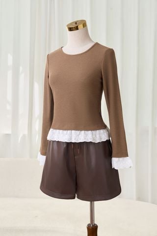 Áo kiểu nữ len xốp dáng ôm dài tay phối ren gấu