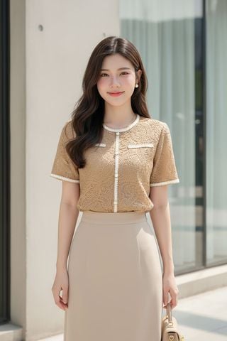Áo ren nữ tay cộc dáng suông phối dây viền sang trọng