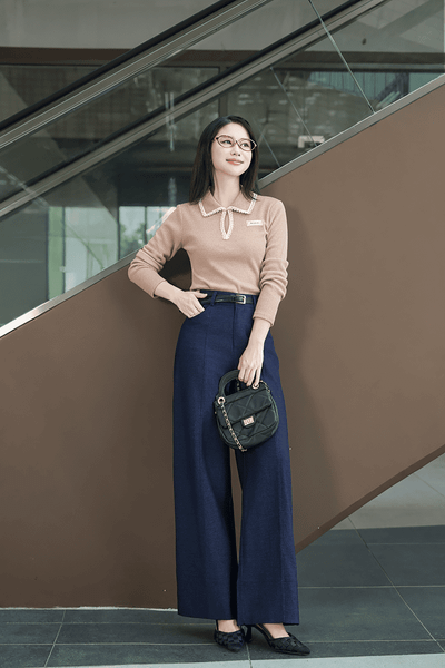  Áo dài tay phối viền cổ cài khuy trước 