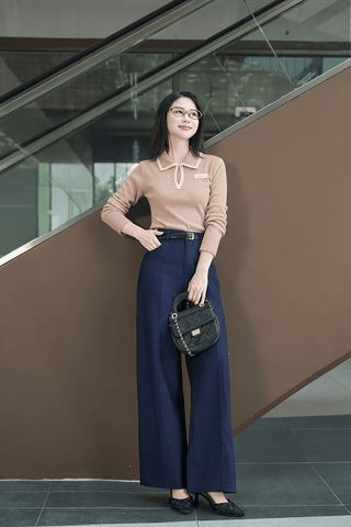 Áo dài tay phối viền cổ cài khuy trước