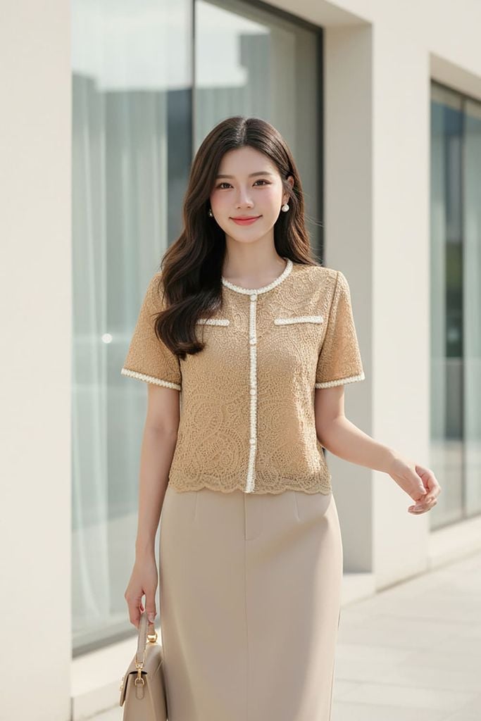  Áo ren nữ tay cộc dáng suông phối dây viền sang trọng 