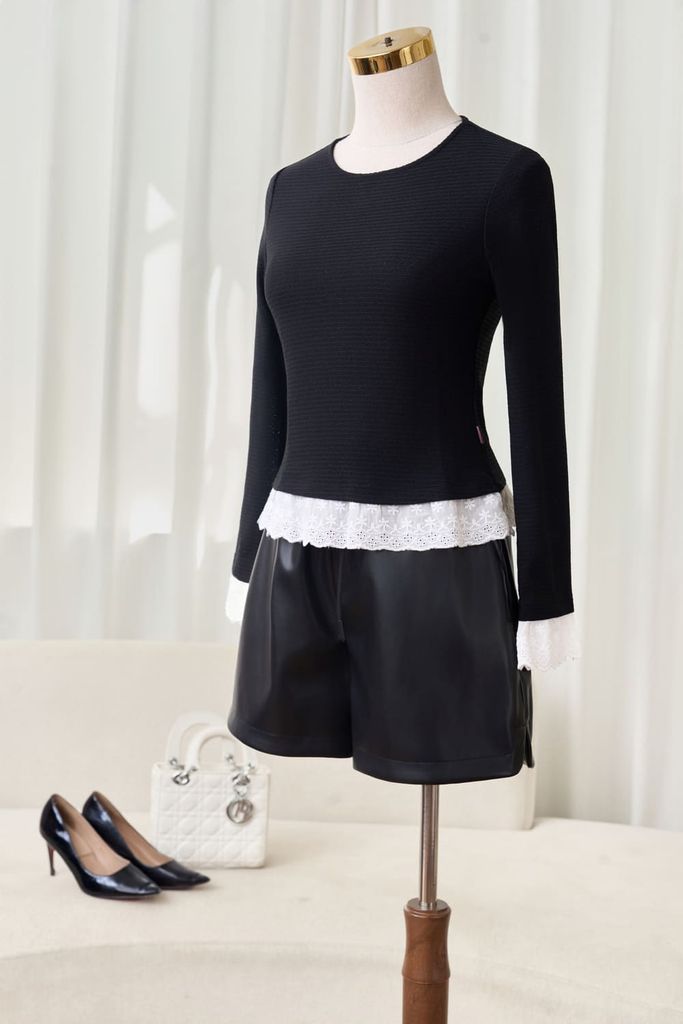  Áo kiểu nữ len xốp dáng ôm dài tay phối ren gấu 