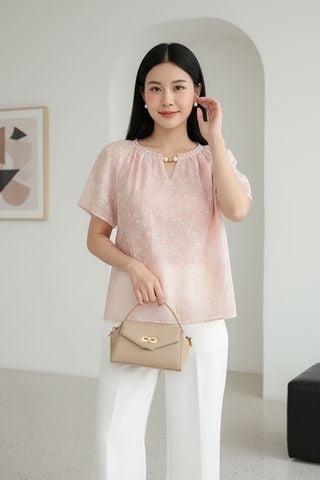 Áo tơ nữ tay cộc Raglan cổ tròn phối viền ren