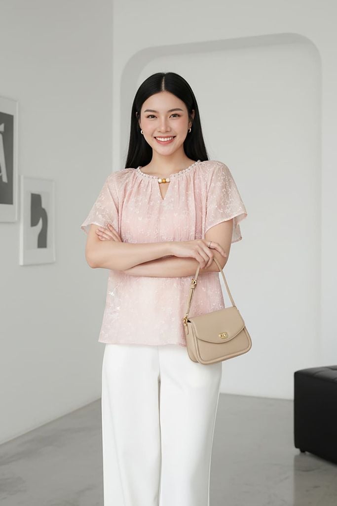  Áo tơ nữ tay cộc Raglan cổ tròn phối viền ren 