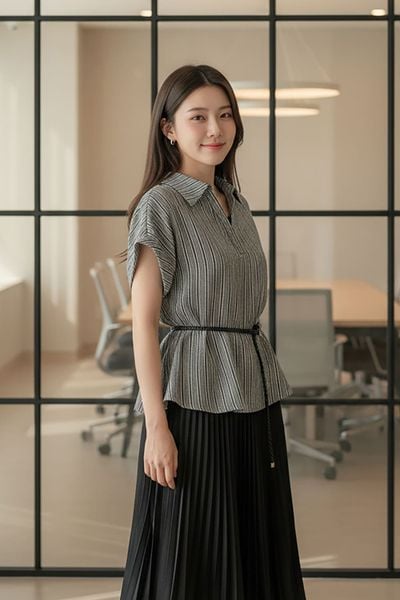  Áo thô kẻ nữ tay liền dáng suông thắt đai eo trang trí. 