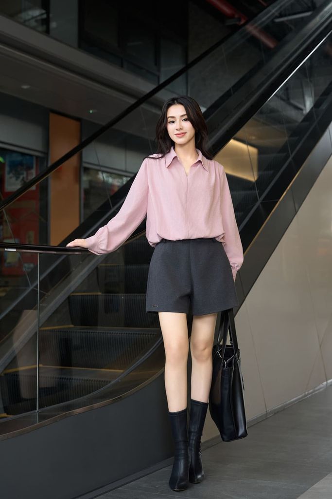  Áo sơ mi nữ Younger vải gió nhung dáng cổ đức dài tay gấu bo 