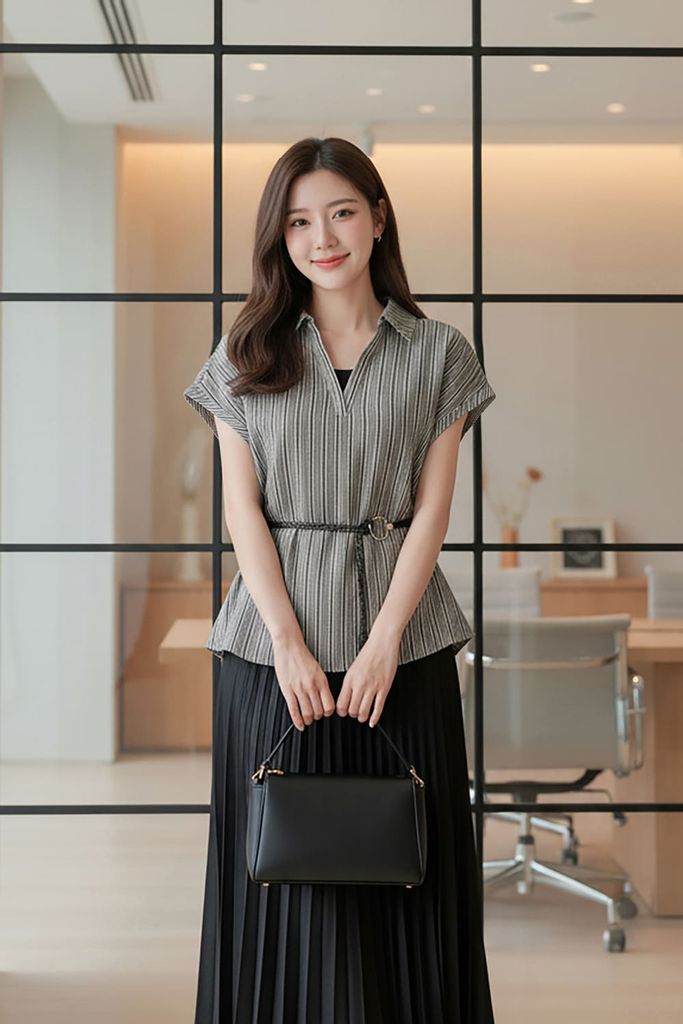  Áo thô kẻ nữ tay liền dáng suông thắt đai eo trang trí. 