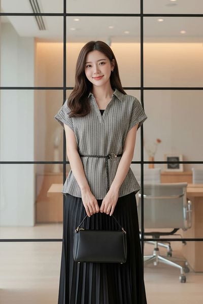  Áo thô kẻ nữ tay liền dáng suông thắt đai eo trang trí. 