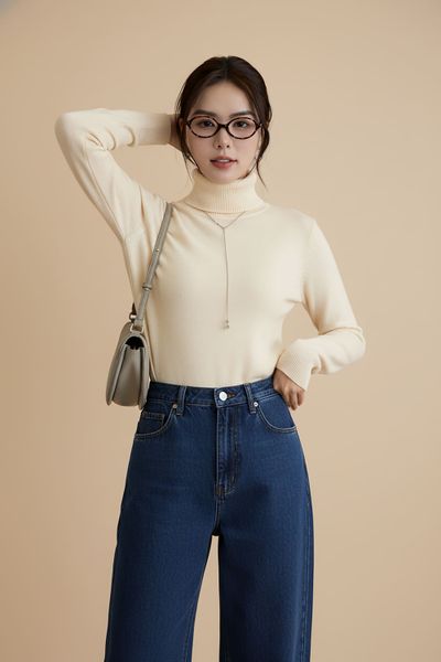  Áo len nữ lót lông cừu dáng cổ lọ dài tay giữ nhiệt 