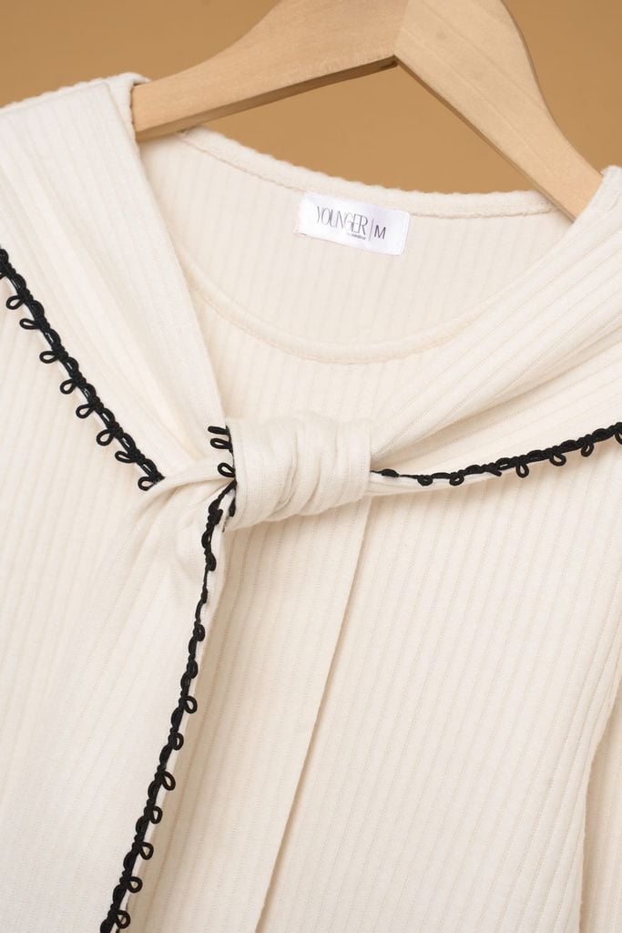  Áo len tăm nữ dài tay cổ phối giả khăn thắt nơ viền bèo 