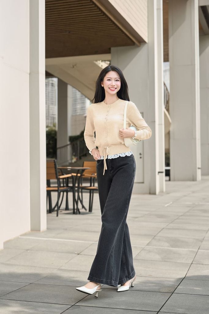  Áo len lông thỏ nữ Cardina dài tay cổ tròn thắt eo phối gấu 