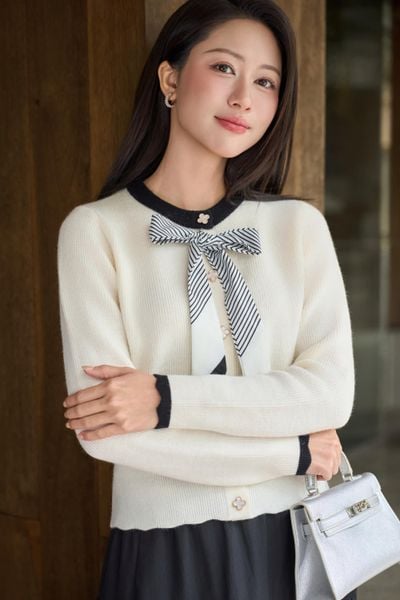  Áo len nữ lông thỏ dài tay cổ nơ lụa gấu sóng 