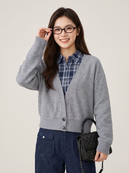  Áo len sọc dài tay vai chờm phối cổ sơ mi 
