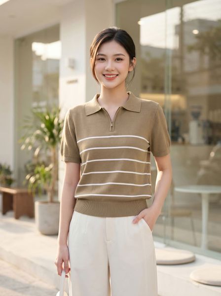  Áo len sợi cotton tay cộc cổ polo khóa 
