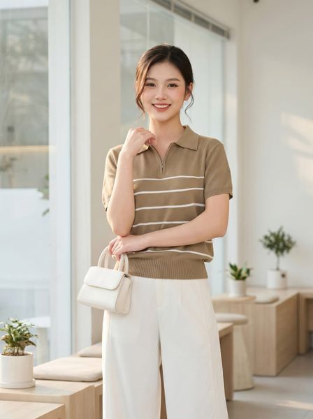  Áo len sợi cotton tay cộc cổ polo khóa 