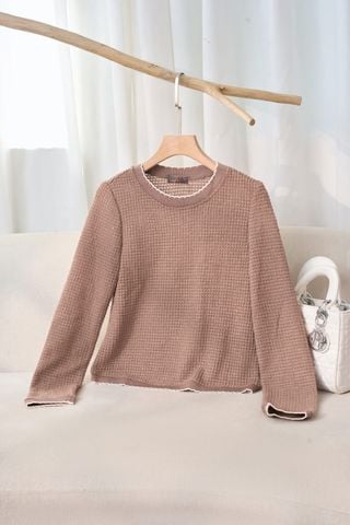 Áo len nữ dệt tổ ong dài tay cổ tròn phối viền