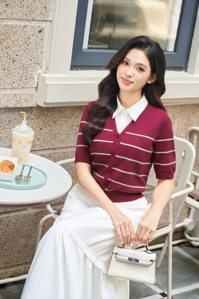  Áo len lông thỏ dáng cadigan cổ tim kẻ ngang tay lỡ 