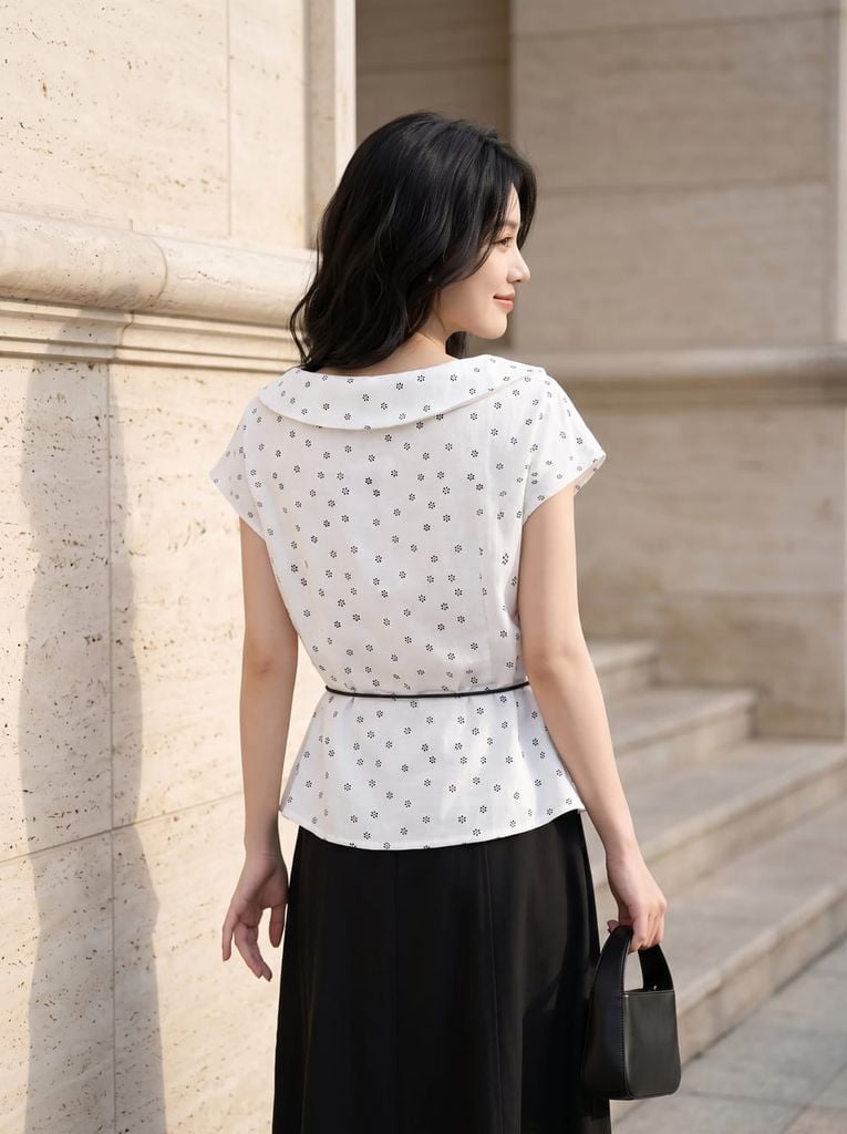  Áo kiểu cổ bẻ tay lơ vê buộc dây eo 
