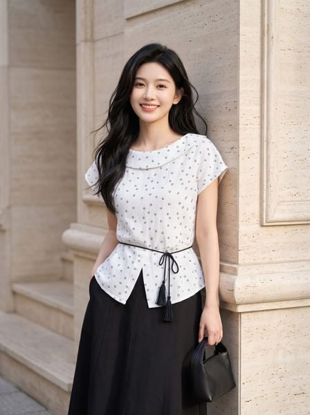  Áo kiểu cổ bẻ tay lơ vê buộc dây eo 