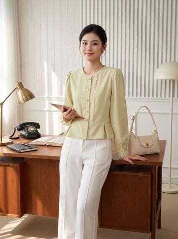 Áo sơ mi cổ tay ren gấu xếp ly
