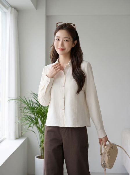  Áo linen dài tay cổ đức dáng suông 