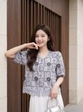  Áo linen suông kiểu cổ và gấu kết ren 