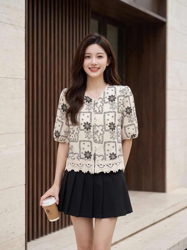  Áo linen suông kiểu cổ và gấu kết ren 