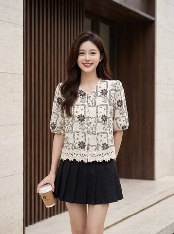 Áo linen suông kiểu cổ và gấu kết ren