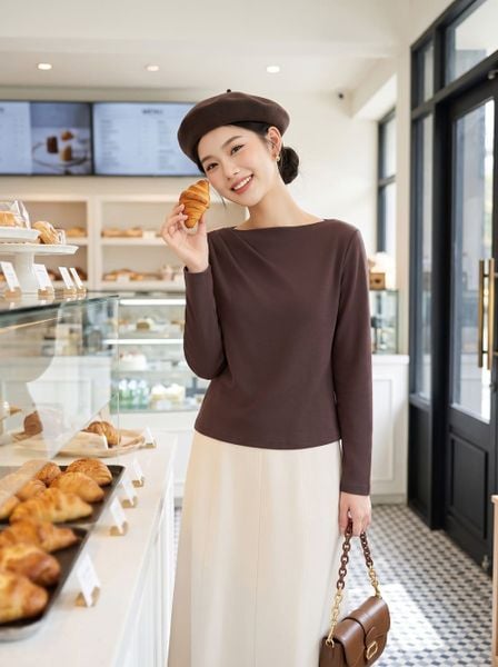  Áo kiểu cổ thuyền xếp ly lệch vai 