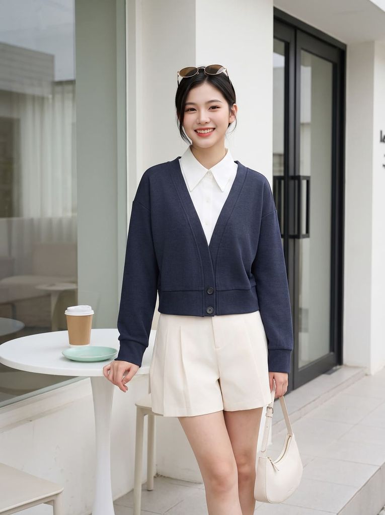  Áo nỉ dạ dài tay phối cổ sơ mi giả cardigan 