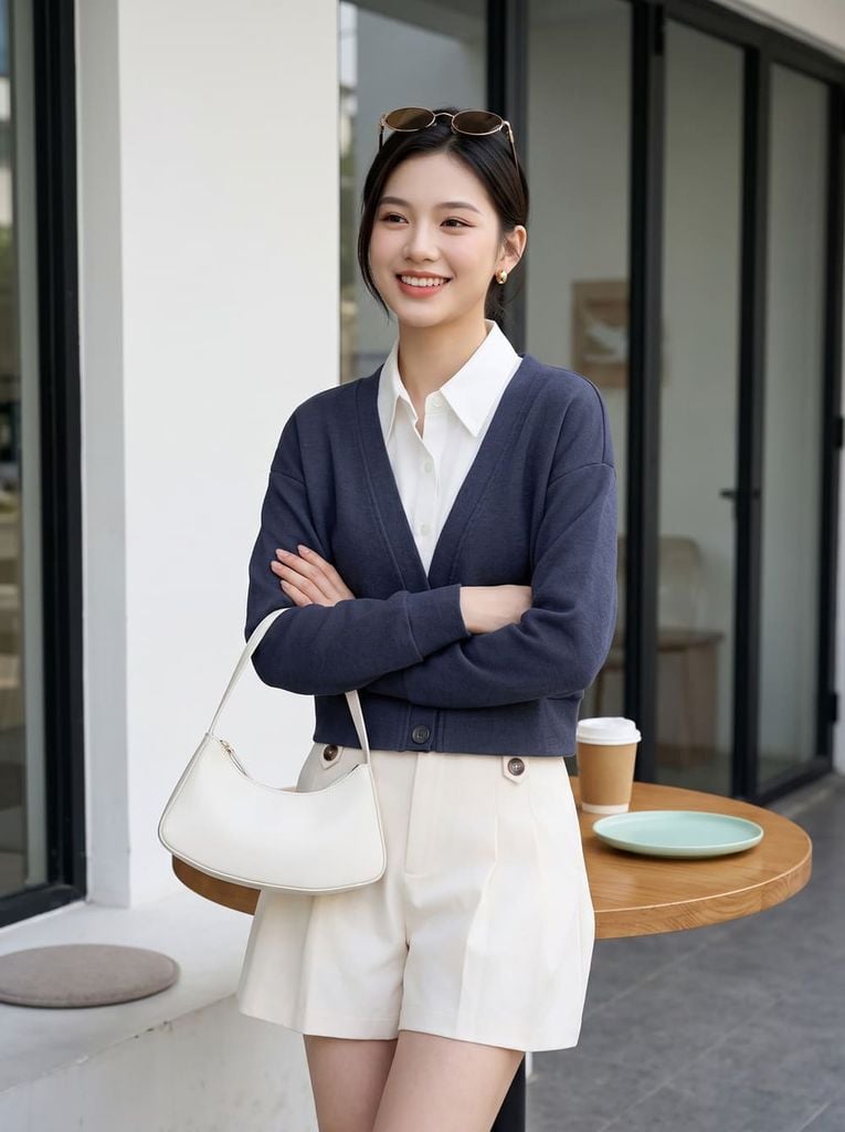  Áo nỉ dạ dài tay phối cổ sơ mi giả cardigan 