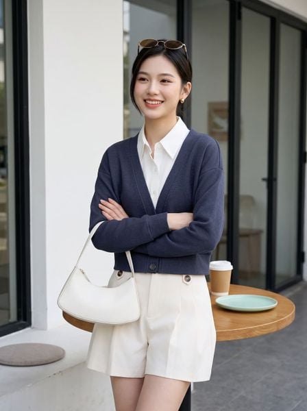  Áo nỉ dạ dài tay phối cổ sơ mi giả cardigan 