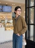 Áo nỉ dạ dài tay phối cổ sơ mi giả cardigan 