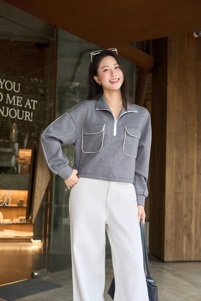  Áo Umi Mềm Giữ Ấm Túi Hộp Vai Chờm Cổ Khóa Zip Dáng Suông 