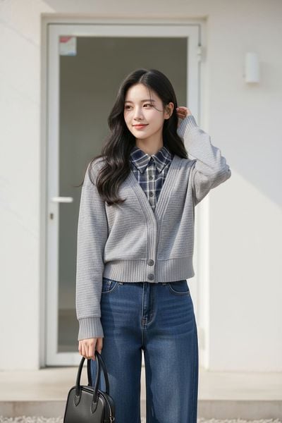  Áo dài tay vai chờm phối cổ sơ mi 