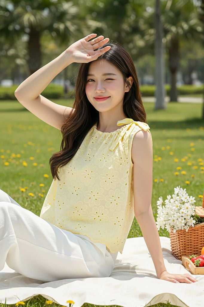  Áo thô thêu sát nách thiết kế rút nơ cổ duyên dáng 