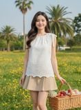  Áo thô thêu sát nách thiết kế rút nơ cổ duyên dáng 
